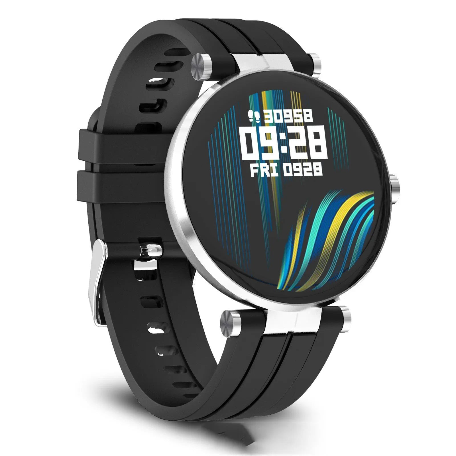 Black smart watch with heart rate monitor on a silicone wrist strap, showing the 1.3-inch display.