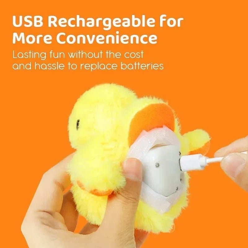 Yellow flapping duck cat toy with chick simulation shape on green background