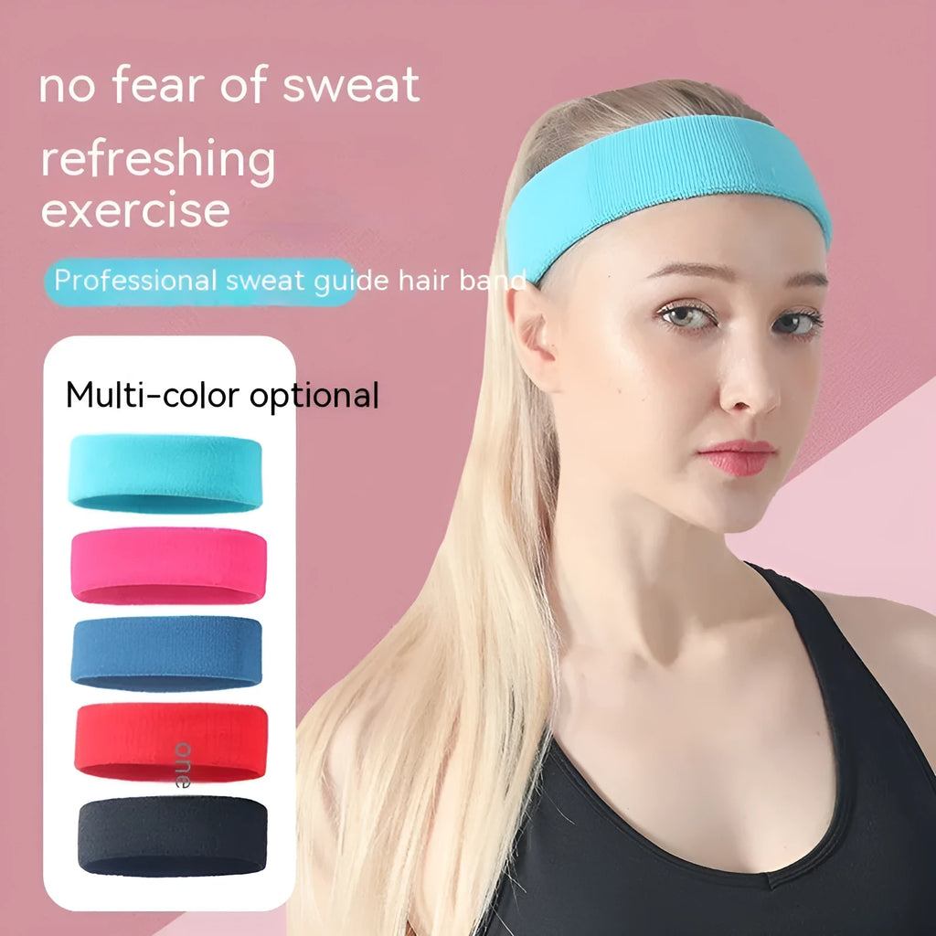 Solid colour elastic sports sweat band in black, shown stretched, for running and gym use.