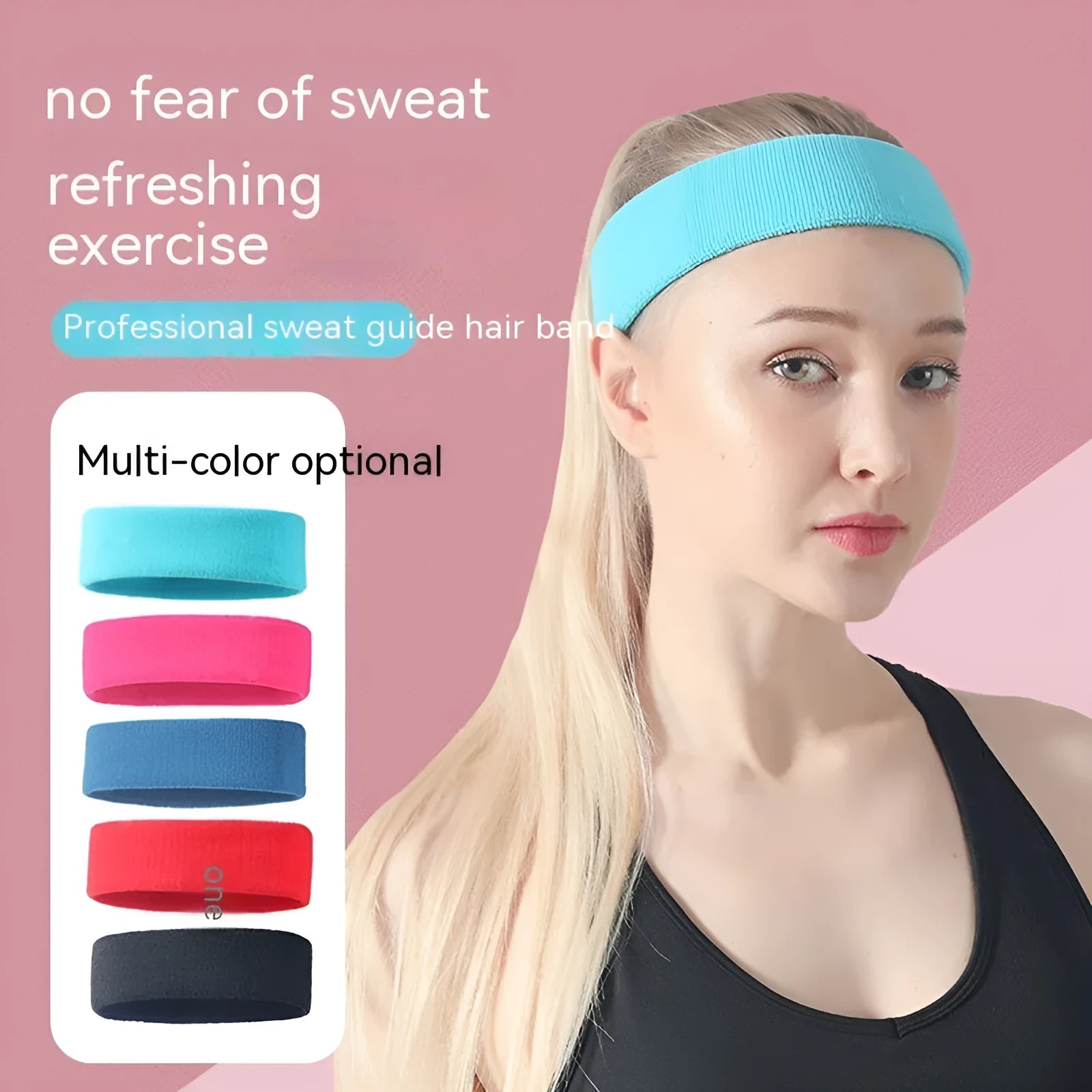 Solid colour elastic sports sweat band in black, shown stretched, for running and gym use.