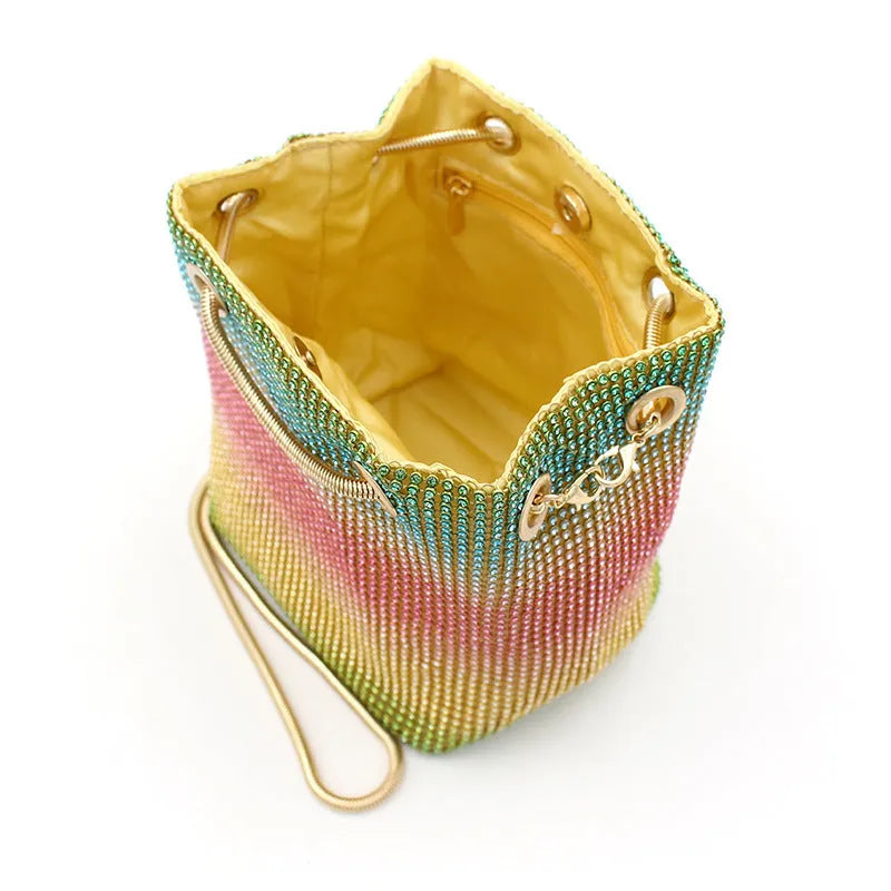 Rhinestone rainbow bucket diamond bag in soft fabric with colour options for evening accessories