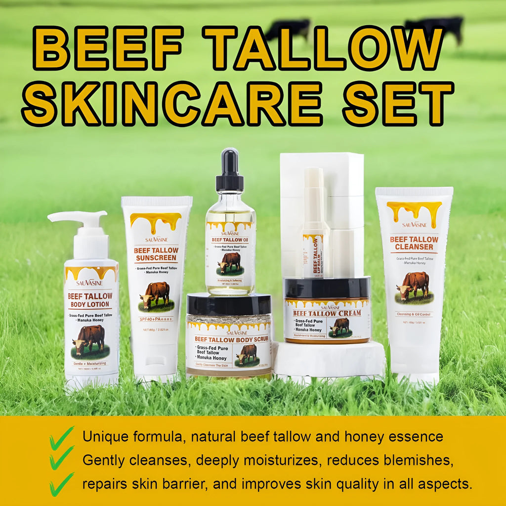 Seven-piece beef tallow skincare set showing facial cleanser, face cream, lip balm, body lotion and facial scrub