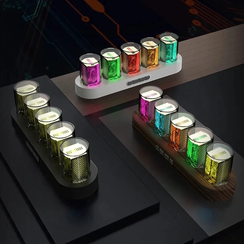 RGB Luminotron LED digital clock in black, white, or wood grain finish showing colourful display on a desk