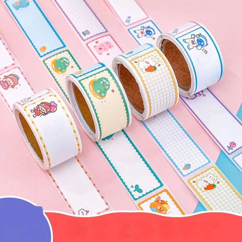 Roll of cartoon name tape stickers showing dinosaur, astronaut, rabbit, and girl designs.