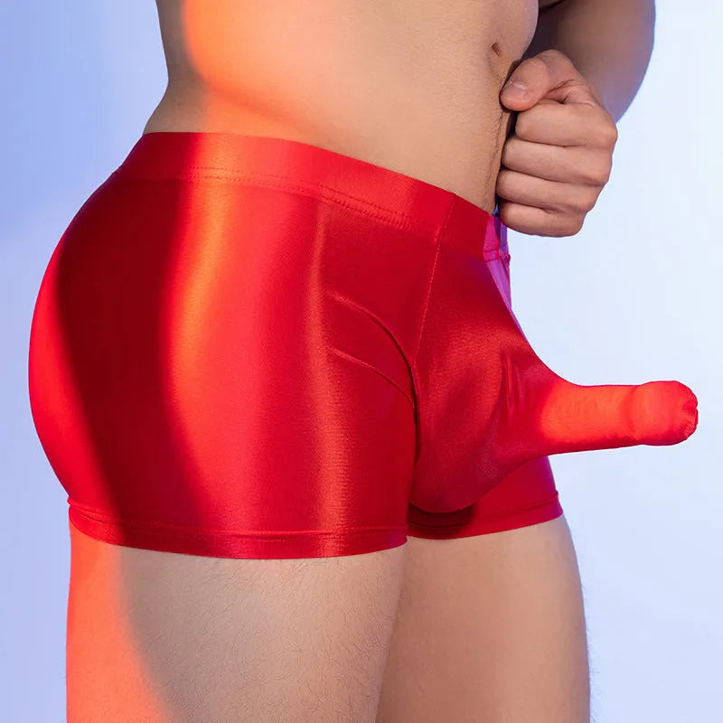 Men's red elephant print boxer shorts with mid waist and seamless nylon fabric