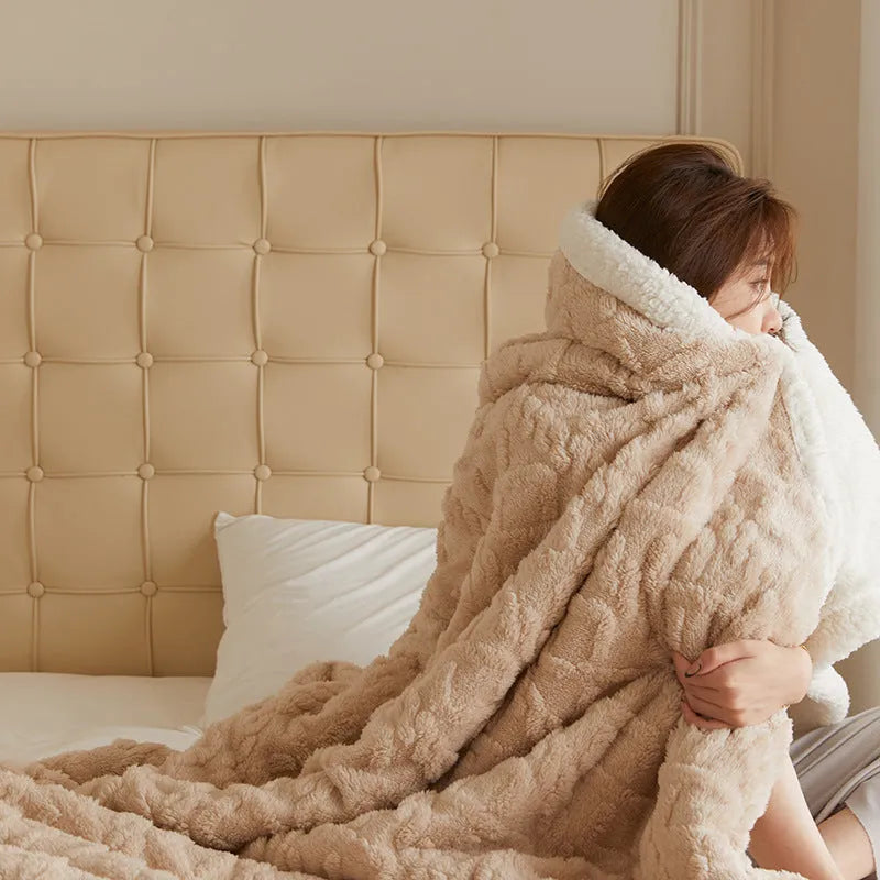 Polyester thermal winter blanket in tea green colour showing taffeta flannel texture