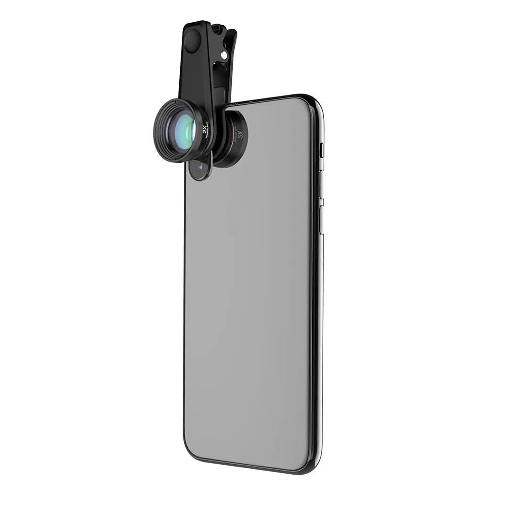 6 in 1 universal smartphone camera lens kit with fisheye, wide, macro, telephoto, CPL and star filter lenses and mounting clip.