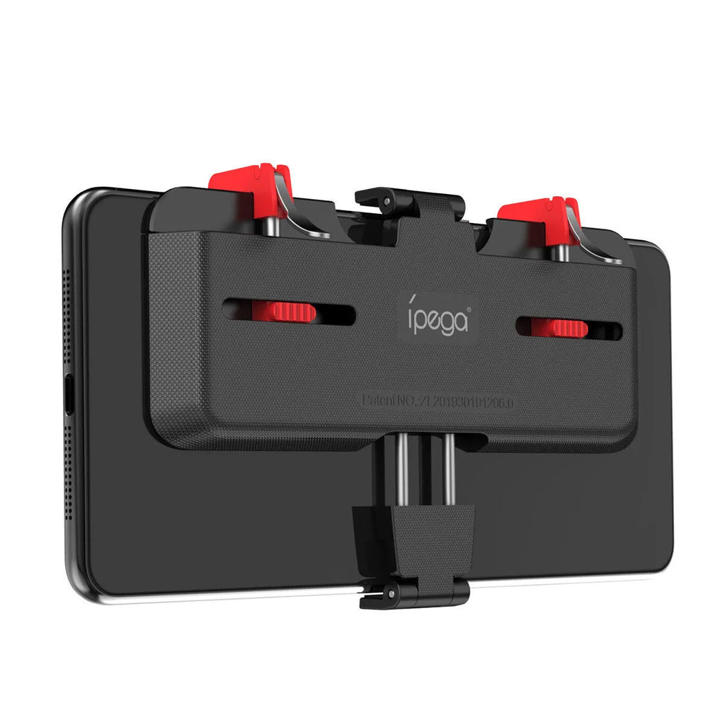 Black phone game controller bracket with an adjustable trigger and telescopic phone clip for mobile gaming.