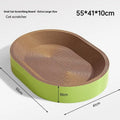 Green oval corrugated paper cat scratch board measuring 55cm across, functioning as both scratching surface and cat nest