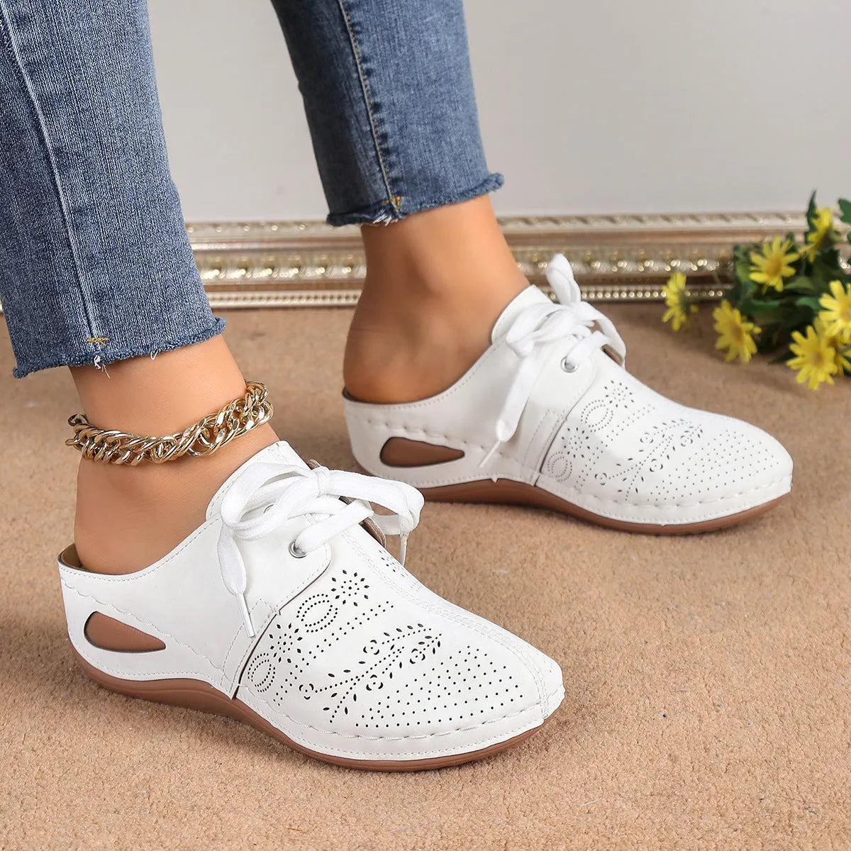 Women's summer lace-up slippers with suede upper and hollow-out wedges design in multiple colour options