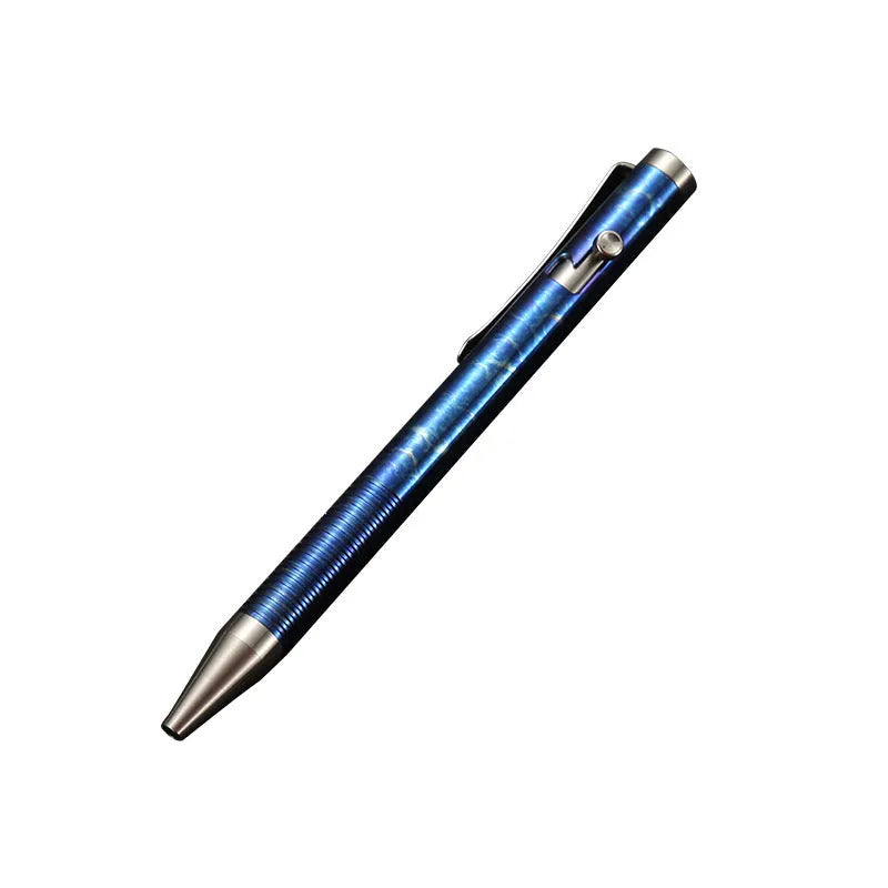 Titanium alloy gun bolt handle ballpoint pen with phantom colour finish showing knurled grip texture
