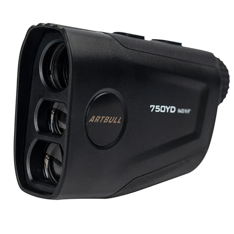 A rechargeable golf laser rangefinder with LCD display, shown with its Type-C charging cable.