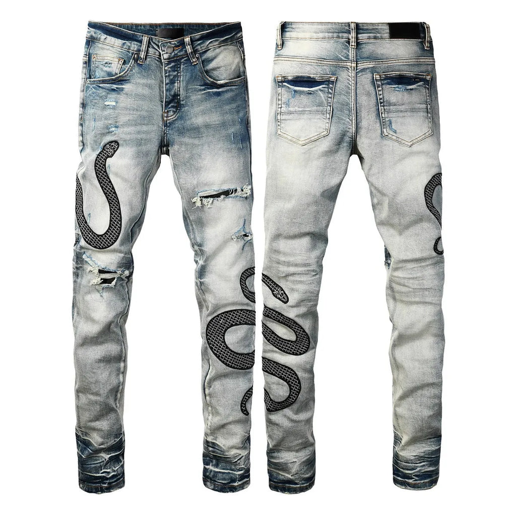 Blue distressed street fashion skinny jeans with a button fly and mid-rise waist on a hanger.