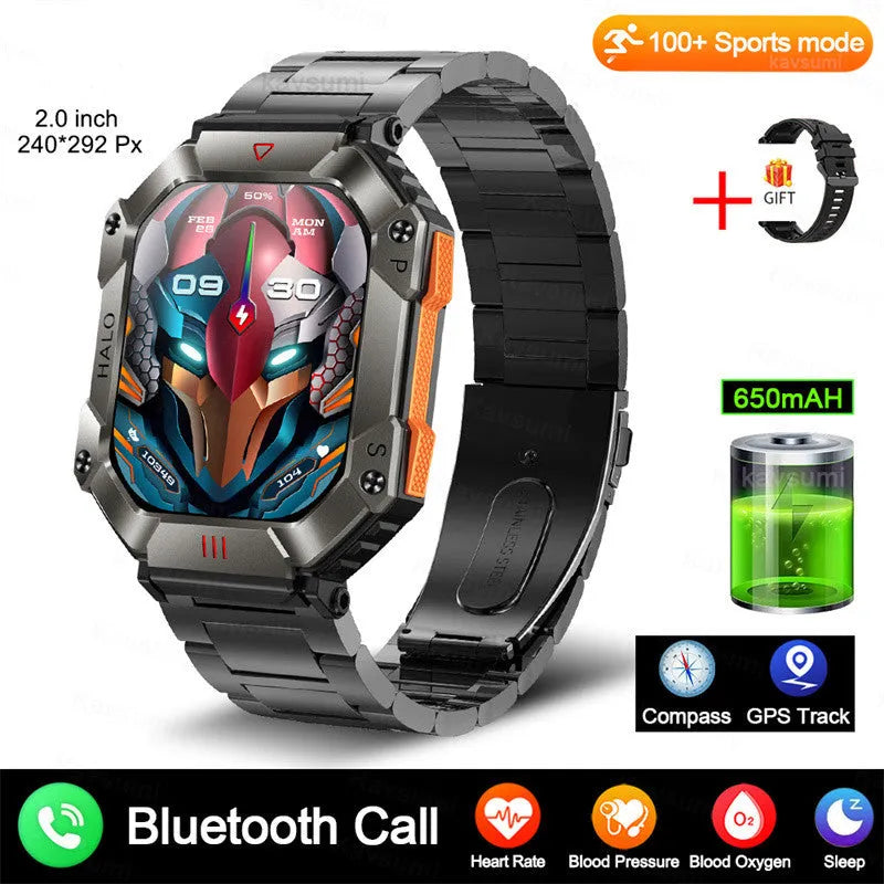 Android smart watch with titanium case on wrist, showing black camouflage strap option and display.