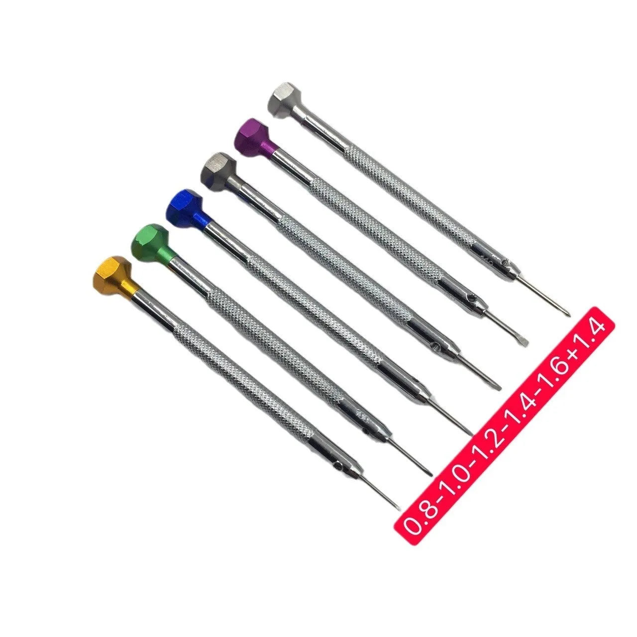 Six colour-coded screwdrivers with aluminium handles for watch repair work