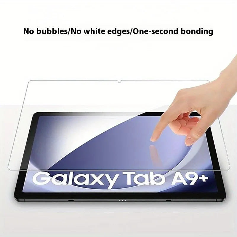 Samsung Galaxy tablet with a clear tempered glass screen protector showing anti-fingerprint and full coverage features.