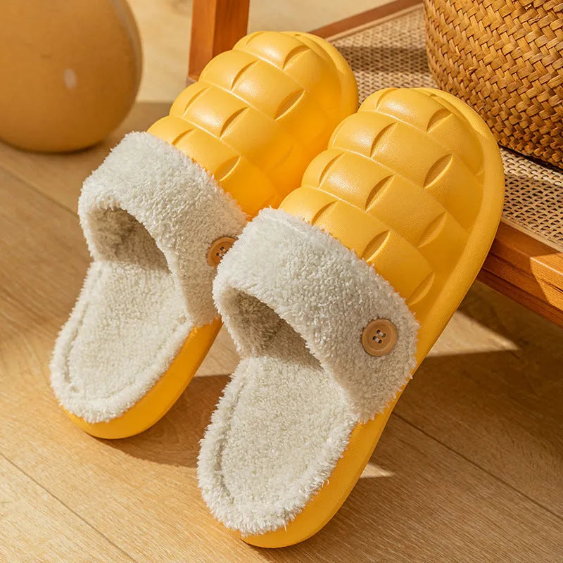 Detachable EVA slippers with plush lining in multiple colours showing round toe and flat heel design