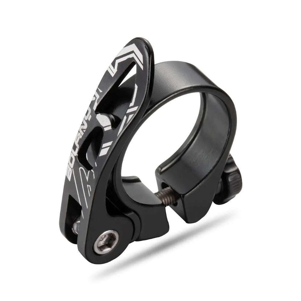 Aluminium bicycle seat post clamp in black, red, gold, or blue, showing 31.8mm and 34.9mm size options.