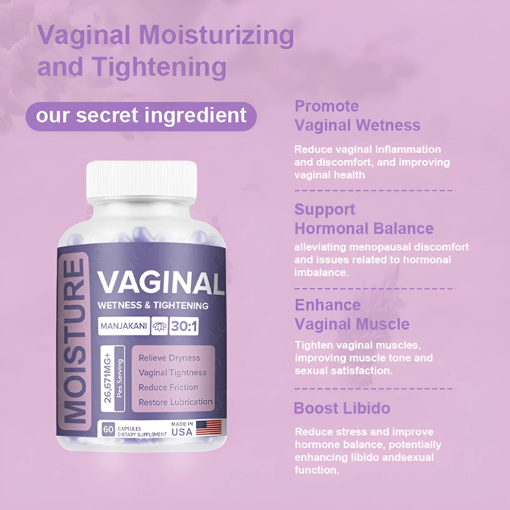Bottle of 60 vaginal capsules for adult women's intimate care with extraction-based formulation