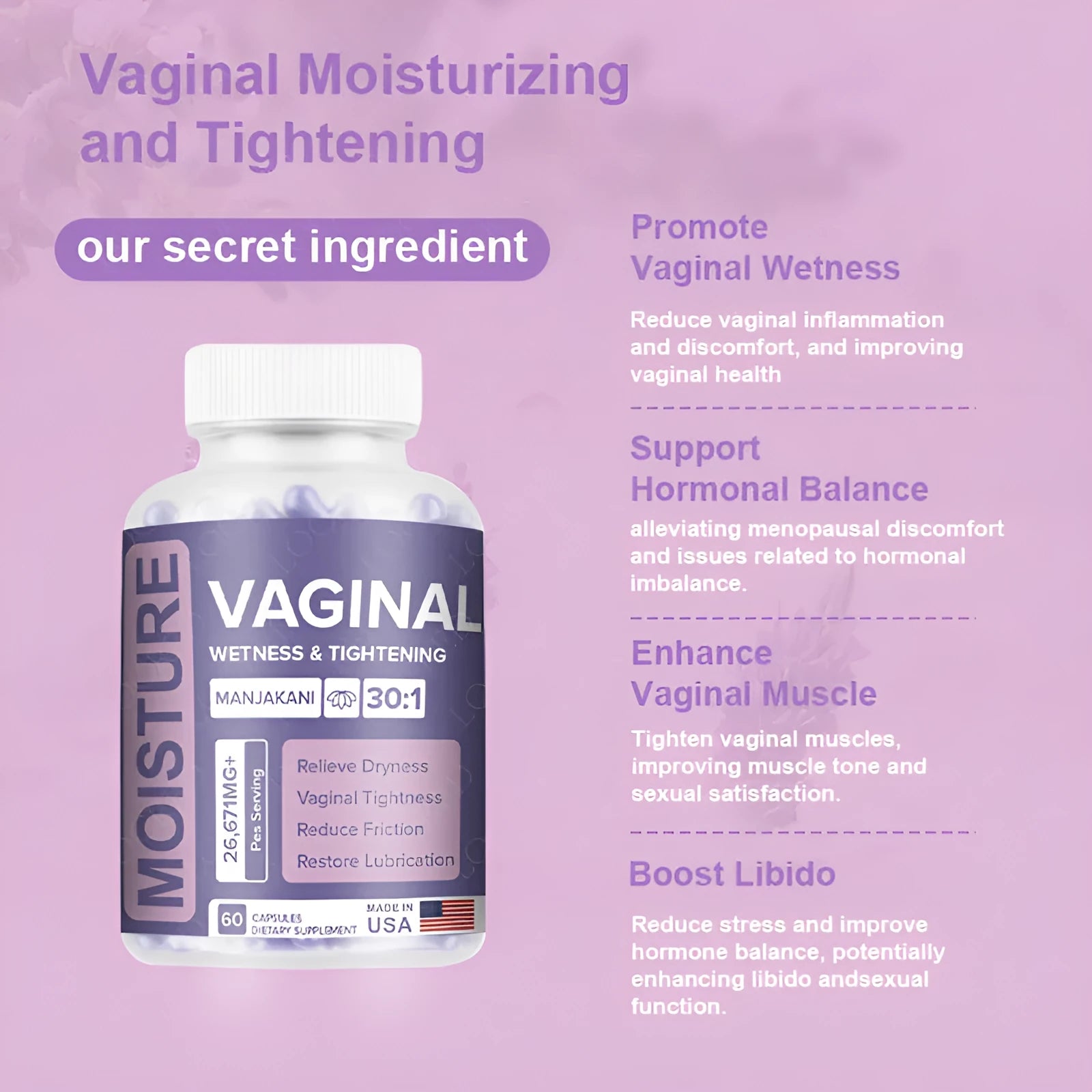 Bottle of 60 vaginal capsules for adult women's intimate care with extraction-based formulation