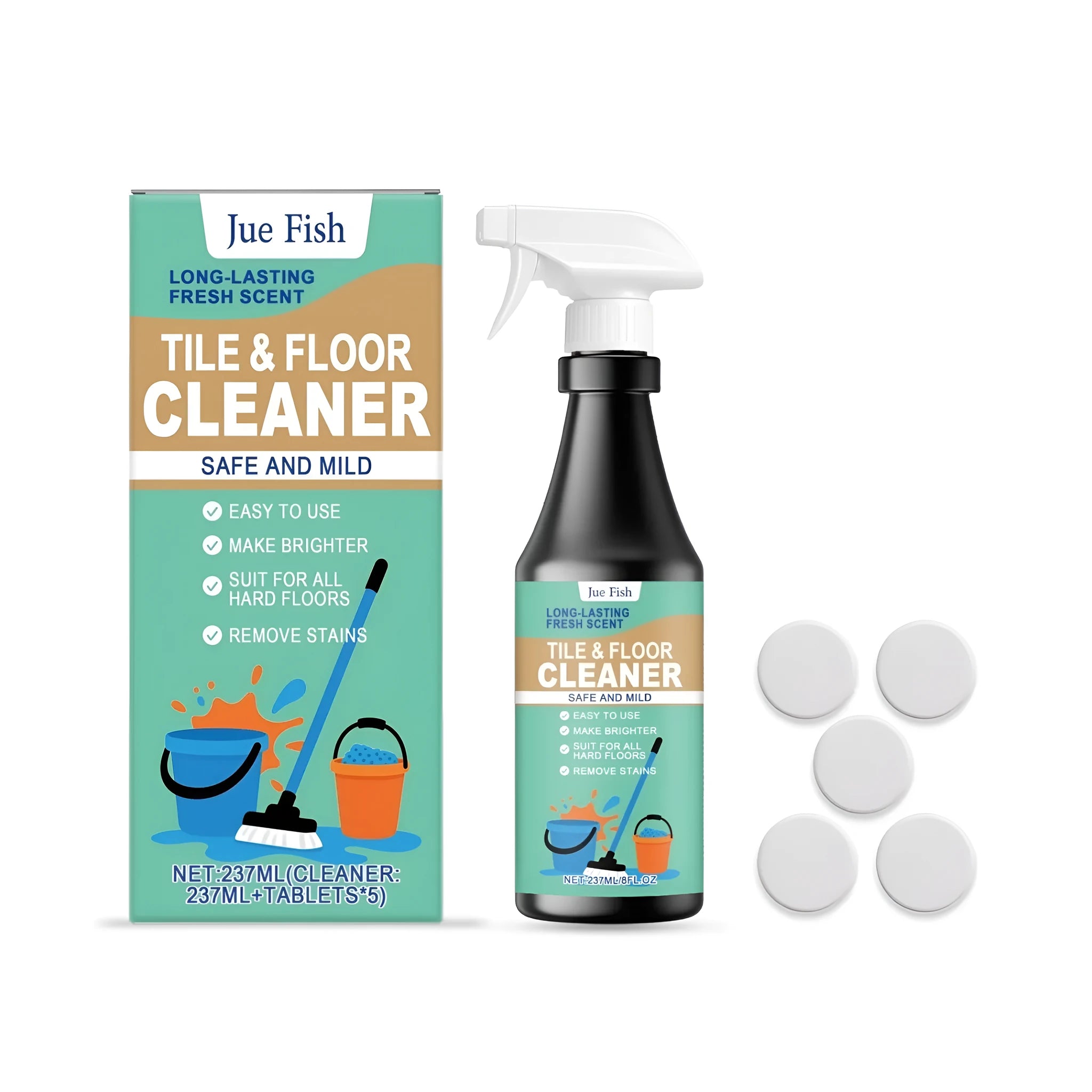 237ml bottle of lemon-scented concentrated floor cleaner with separate cleaning tablets.