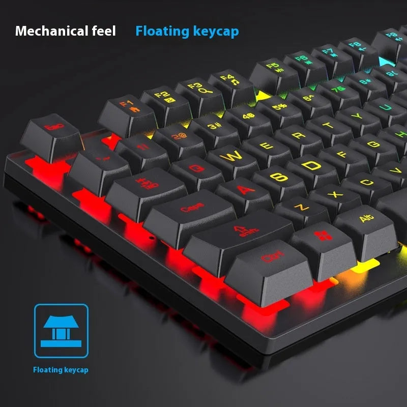 Black portable 104-key backlit gaming keyboard and mouse set on a desk.