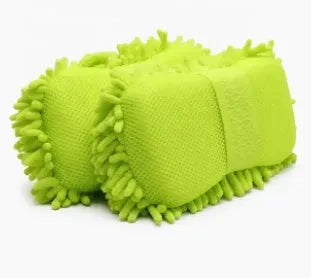 Silver green chenille car wash sponge with microfiber construction measuring 14x25cm
