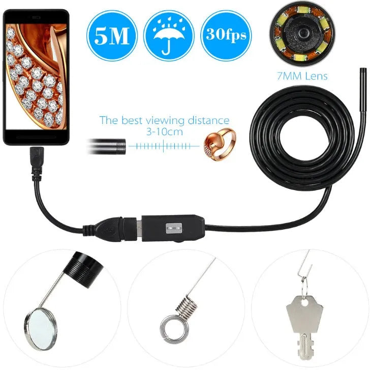 OWSOO USB endoscope camera with 5m cable, 7mm lens, LED lights, magnet, hook and side audition tools.