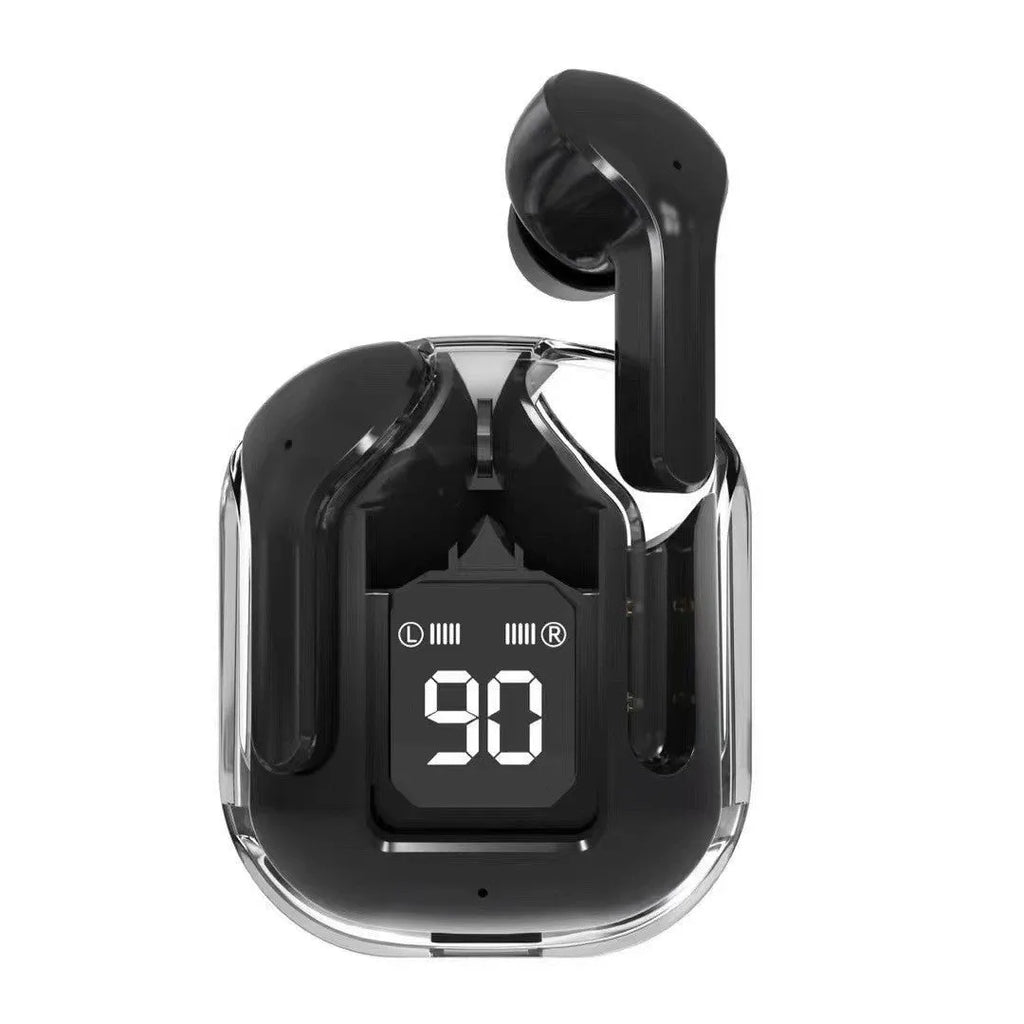 Transparent plastic true wireless Bluetooth headphones showing internal components with digital display charging case