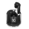 Transparent plastic true wireless Bluetooth headphones showing internal components with digital display charging case