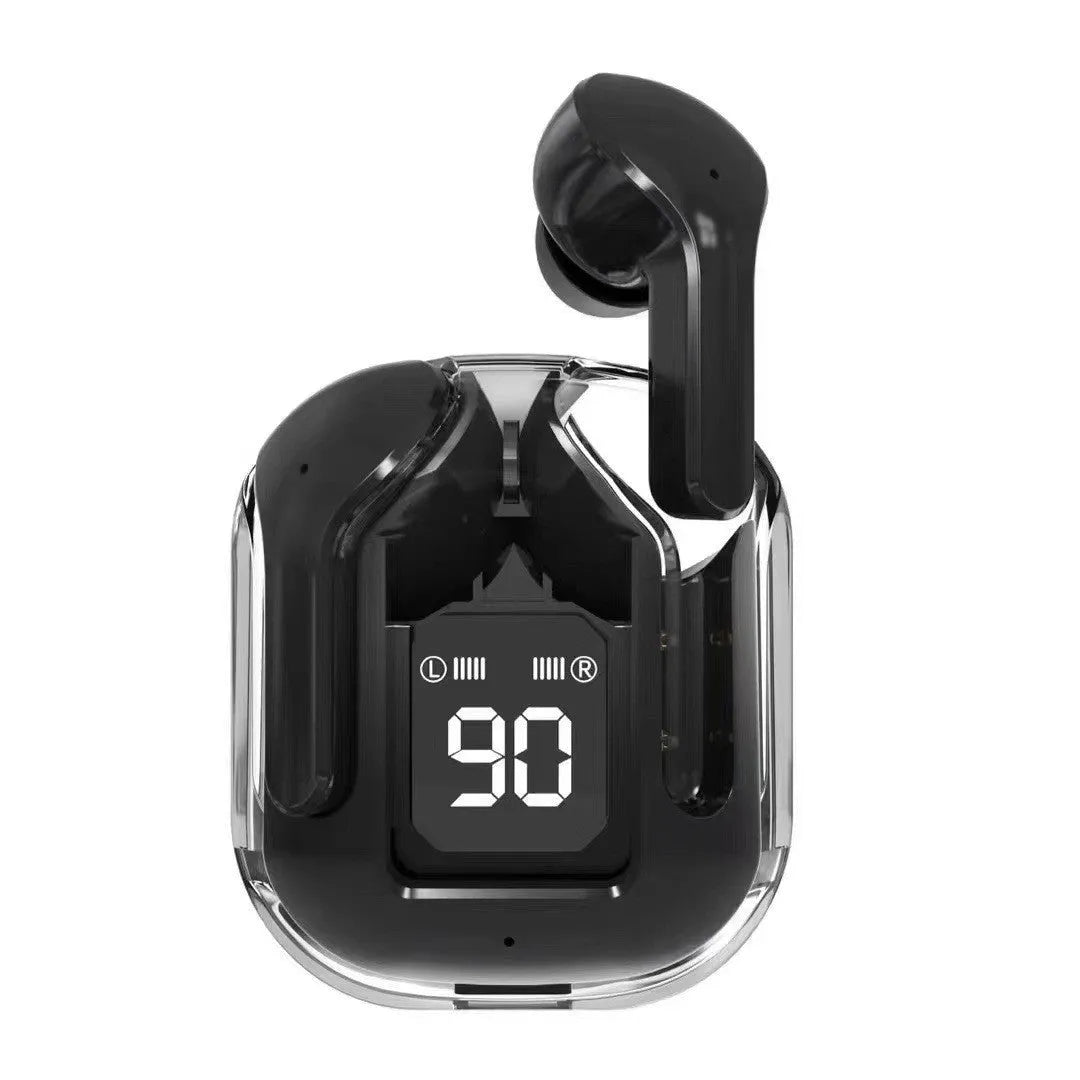 Transparent plastic true wireless Bluetooth headphones showing internal components with digital display charging case