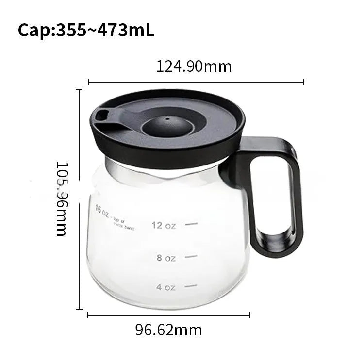 Transparent borosilicate glass coffee maker with a black silicone cover on its neck.