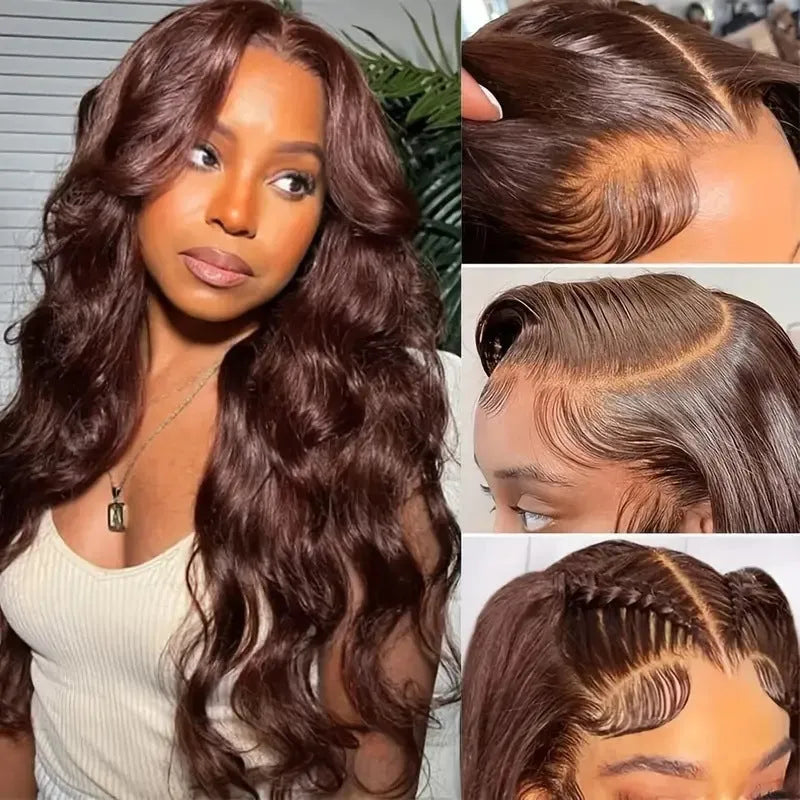 Women's dark brown long curly front lace wig with side bangs on a mannequin head.