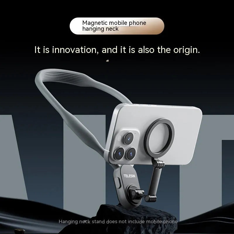 Silicone phone magnetic neck mount with 16 neodymium magnets in gray and sapphire blue, showing magnetic pad and anti-drop rope