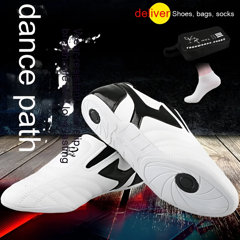 Black and white children's martial arts shoes with soft sole and widened fit for boxing training