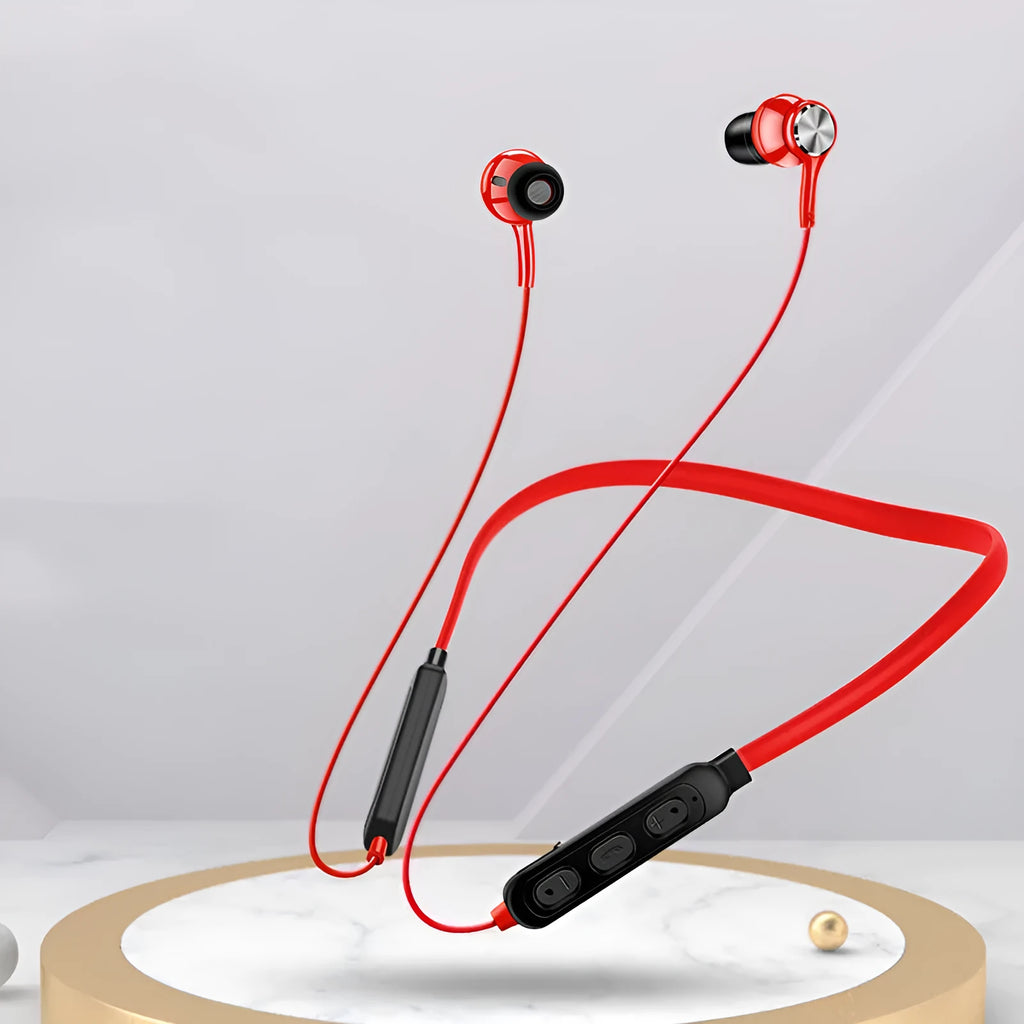 Neckband sports Bluetooth earphones in black, red or white colour options with USB cable