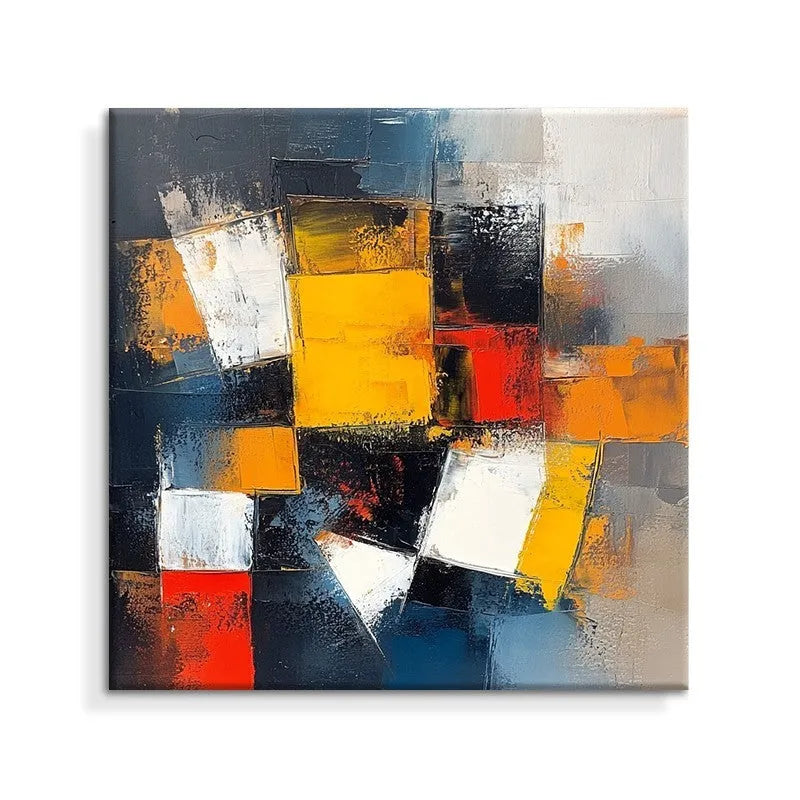 Hand-painted abstract oil painting on canvas, square unframed size 80x80cm, colourful design on white background.