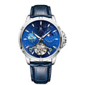 Automatic men's mechanical watch with blue dial, luminous hands and stainless steel case