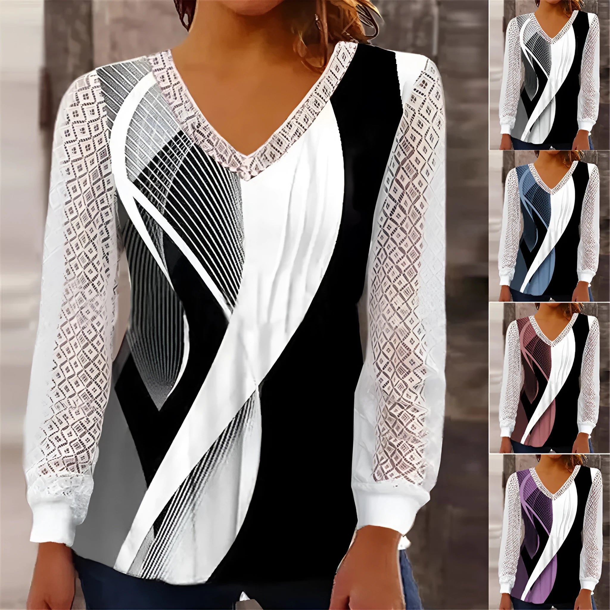 V-neck loose fit lace top in trueran polyester, available in blue, grey, purple, and wine red.
