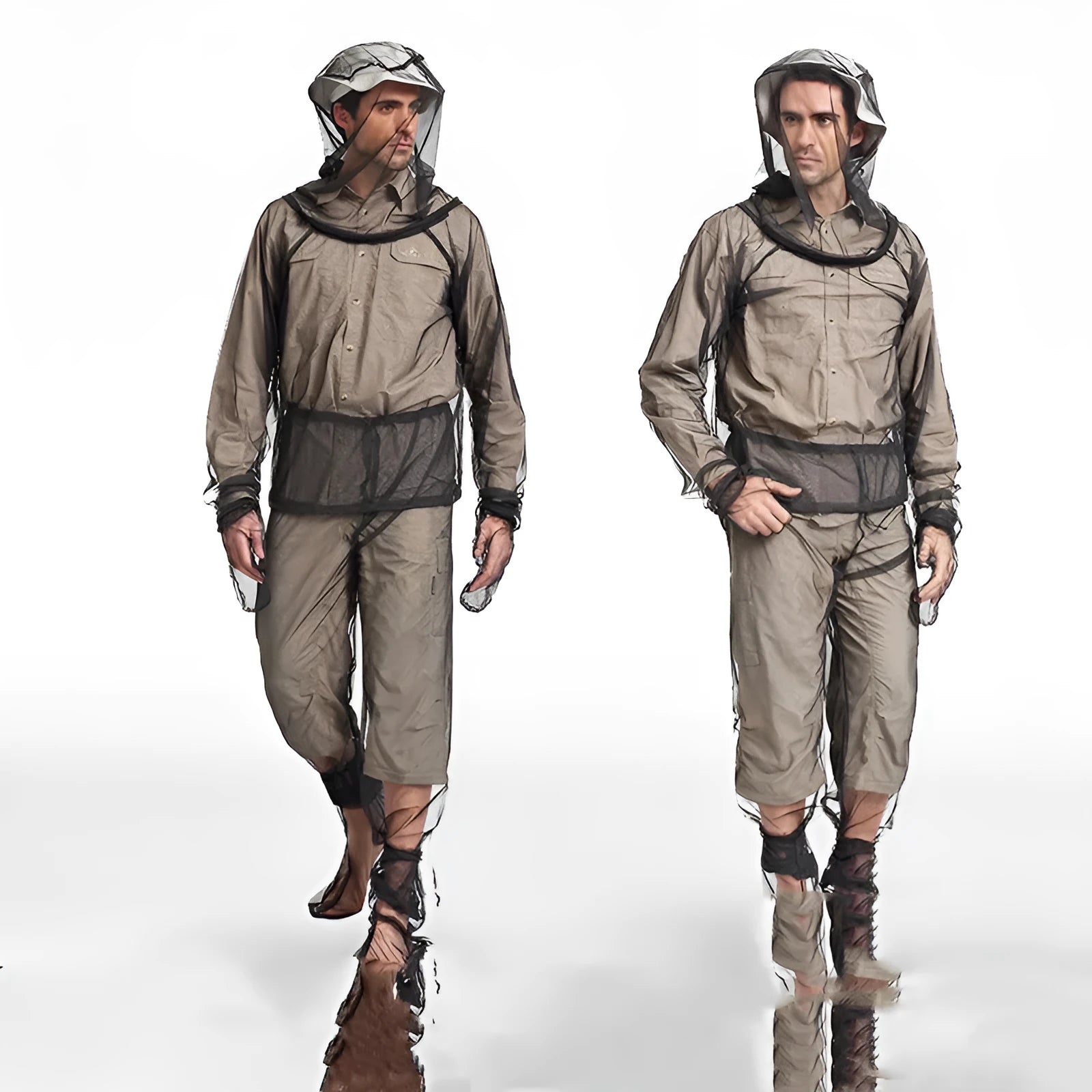 Four-piece mesh anti mosquito suit set with hooded top, pants, and booties for outdoor camping and fishing