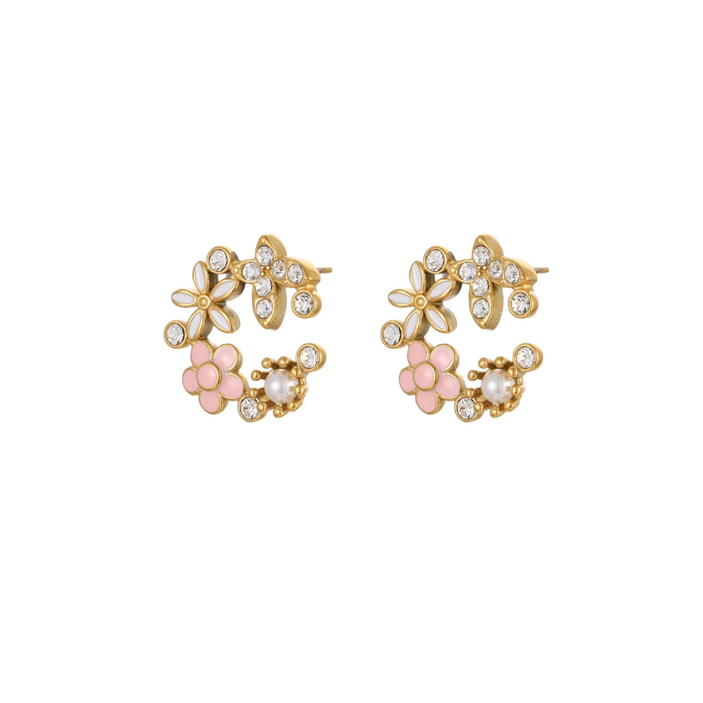 Stainless steel flower stud earrings with colourful oil petals on a white background.
