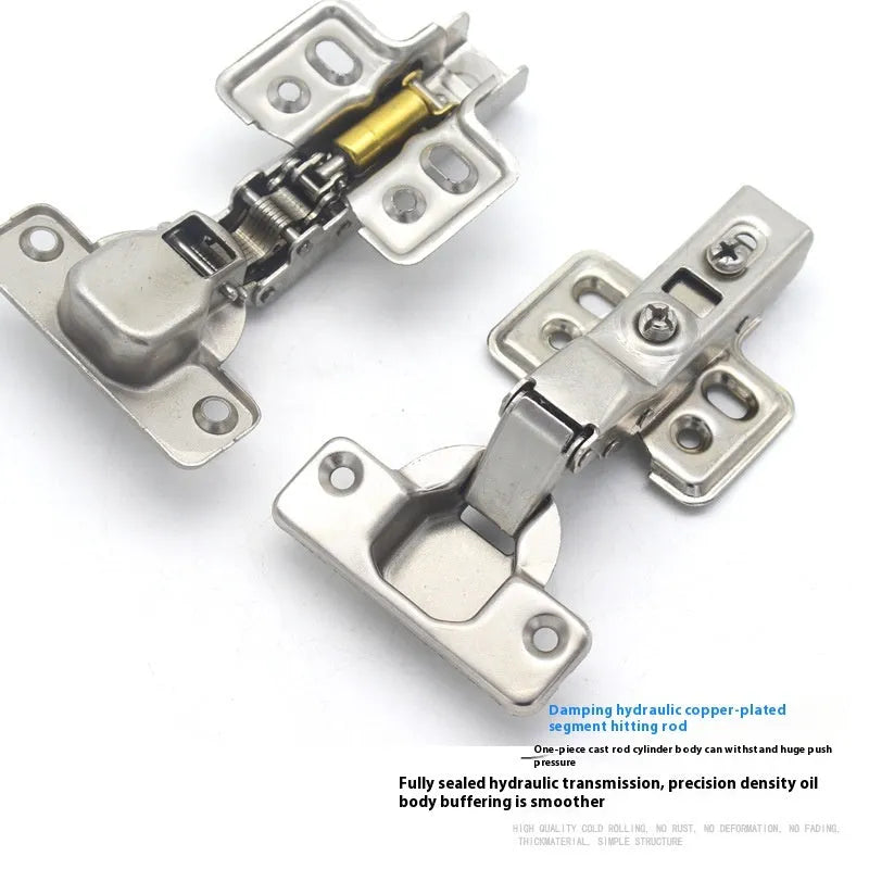Nickel-plated cold rolled steel hydraulic hinge for cabinet doors with damping mechanism.