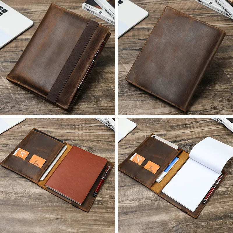 Brown Crazy Horse leather A5 notebook protective sleeve with square pocket design