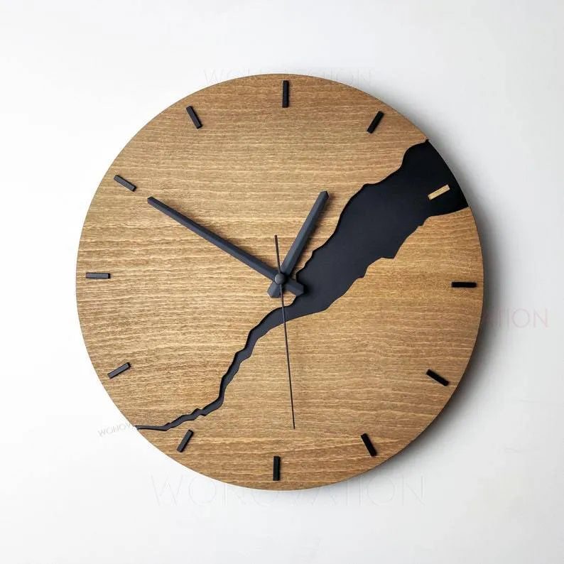 Modern wooden wall clock with creative crack design in one of five colour options