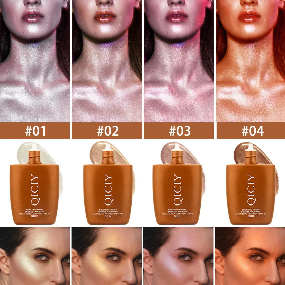 30ML bottle of face and body brightening contour liquid shown in one of four colour options.