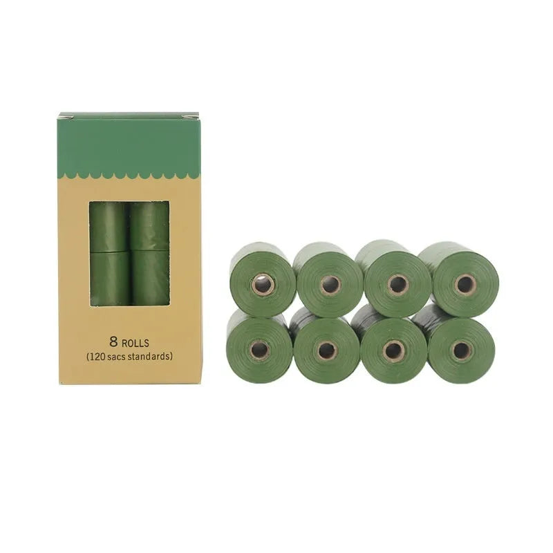 Rolls of green and black EPI degradable thickening pet waste bags with a dispenser.