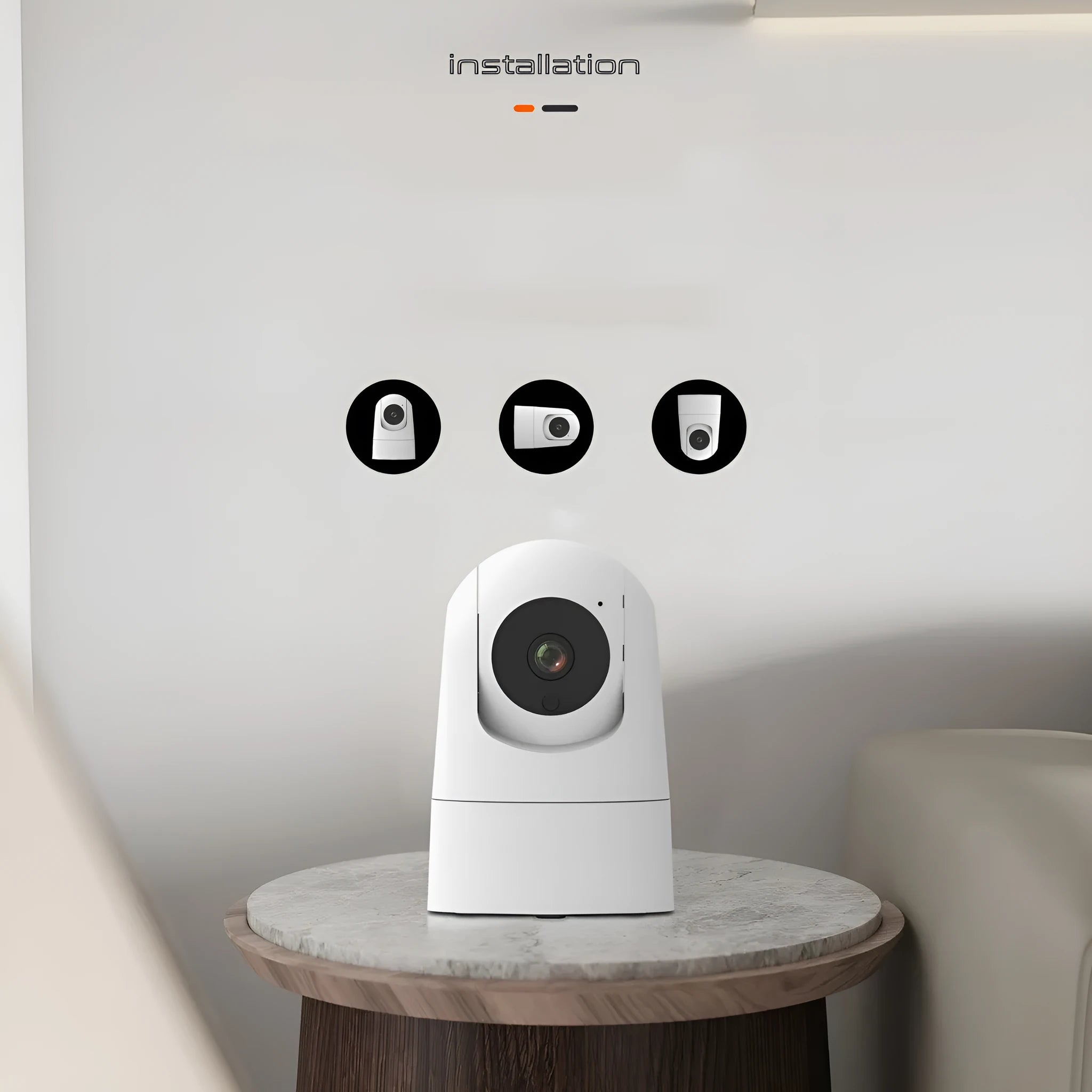 White indoor security camera with motorised base for 360° rotation on black mounting bracket