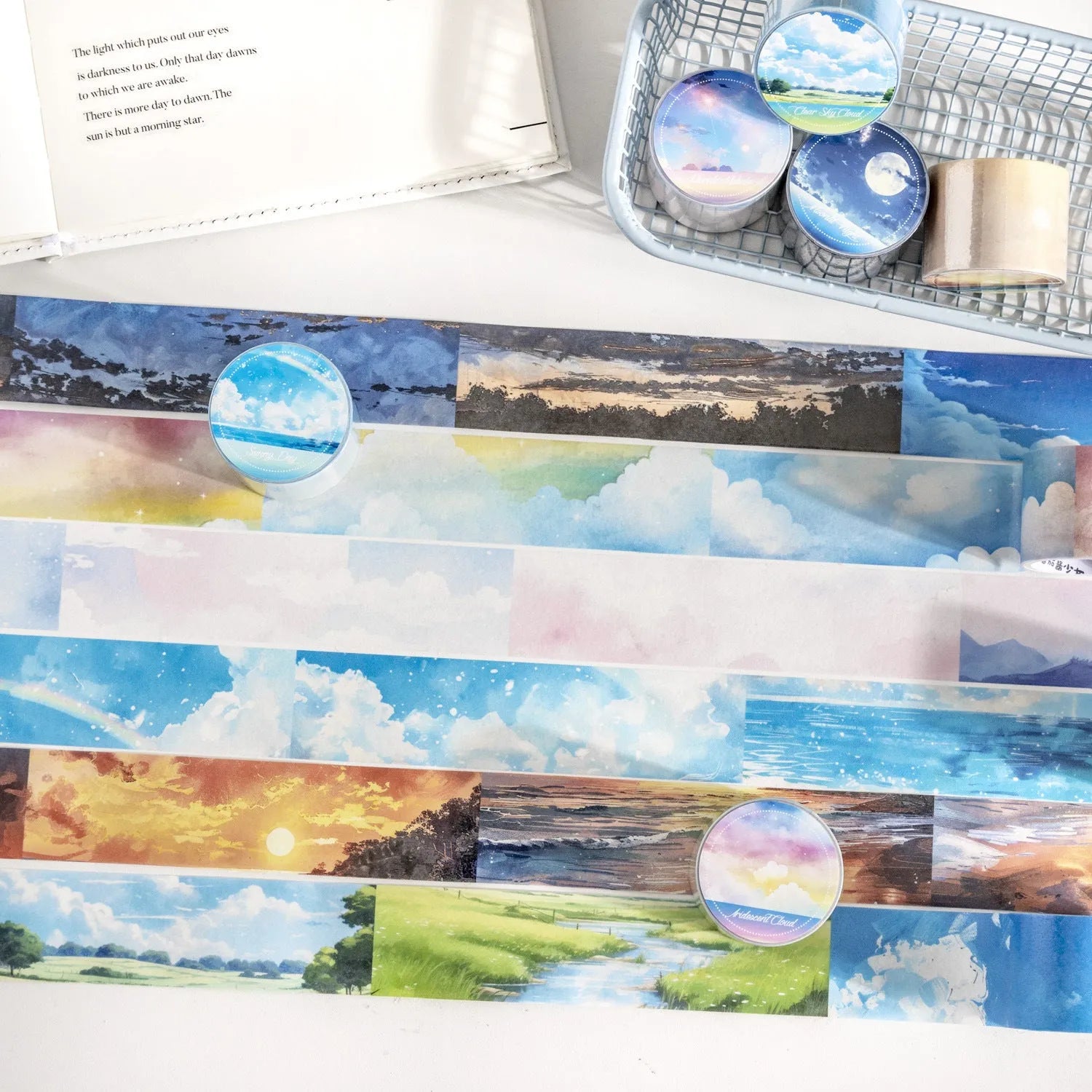 Japanese paper sky theme decorative washi tape roll showing colourful clouds design, 30mm wide