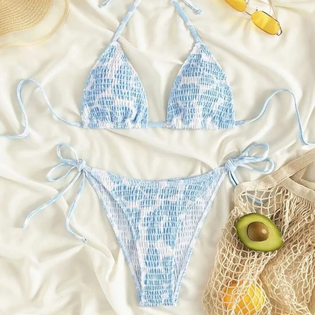 Women's halter bikini set with floral pattern briefs in multiple colour options