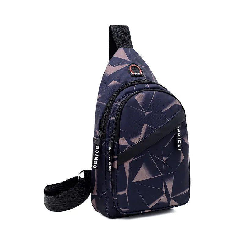 Black print sling chest crossbody bag with earphone hole and zipper pocket.